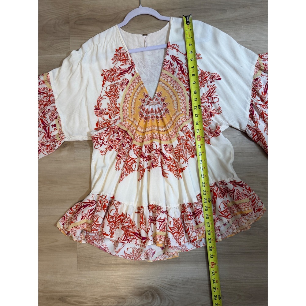 Free People Tunic Top Sunset Dreams S Ivory Orange Boho Bell Sleeve V-Neck - Picture 8 of 11